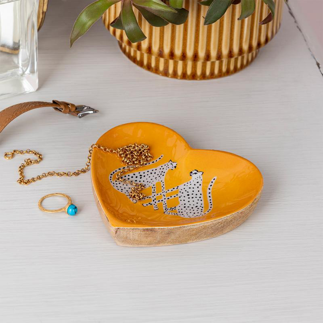 Wooden Heart Trinket Dish - Leopards
