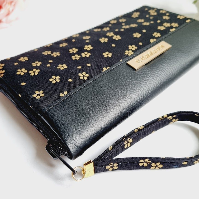 Portefeuille long zippé "Sakura" noir doré & simili cuir noir