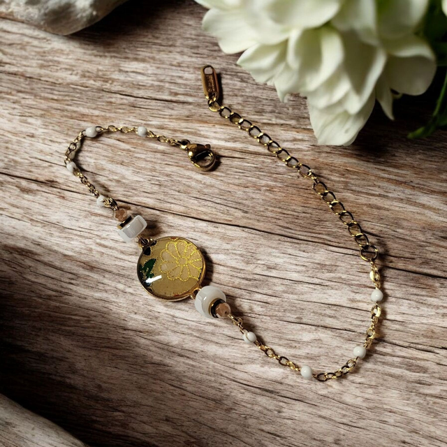 bracelet acier inoxydable motifs japonais blanc beige et doré