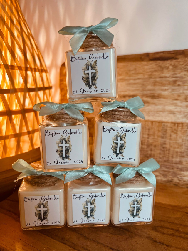 Pots en verre avec  bougie ou dragées ou vide  personnalisés avec croix feuillage  ! (2)