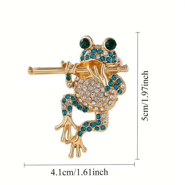 Frog Playing Flute Rhinestone Brooch