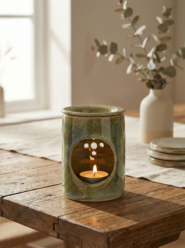 Handmade ceramic oil/wax burner - Sage Green