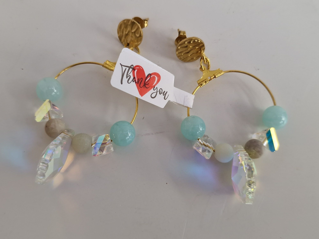 Boucles D'oreilles Acier Créoles Pierres Amazonite Bleu Cristal