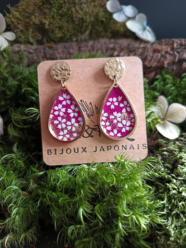 Boucles d'oreilles - puces - papier washi - Sakura - fleurs de cerisier - goutte - La&amp;Titia 