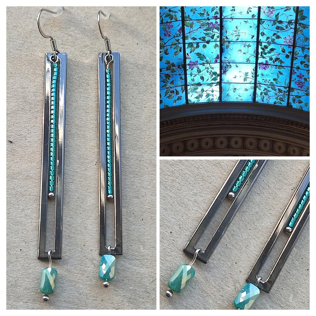 Boucles d'oreilles longues noir et verre turquoise, acier inoxydable argenté, pièce unique sans nickel 