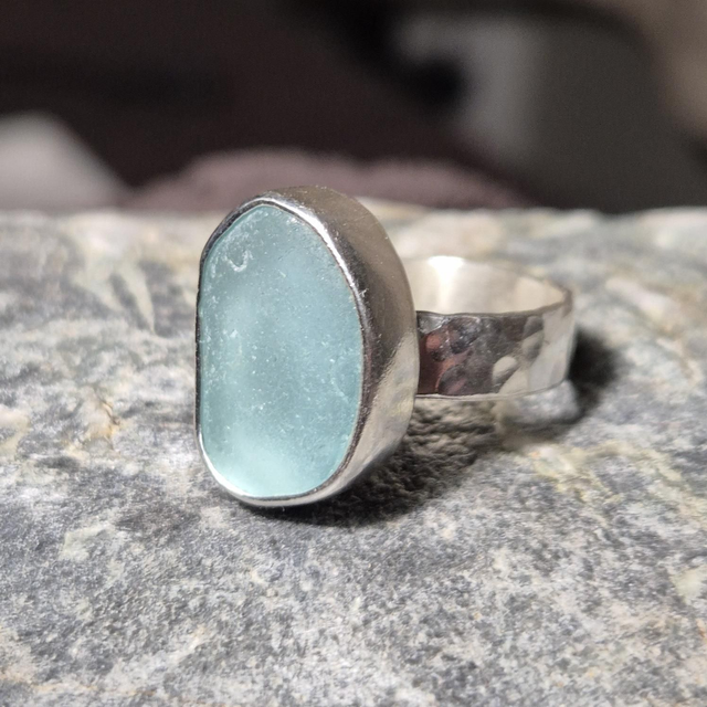 Size S Pale Aqua Sea Glass and Sterling Silver Ring Fully Hallmarked 