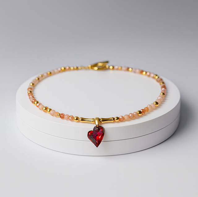 Handgemaakte Choker Ketting met Hart Hanger – Natuursteen en Goudkleurige Accenten