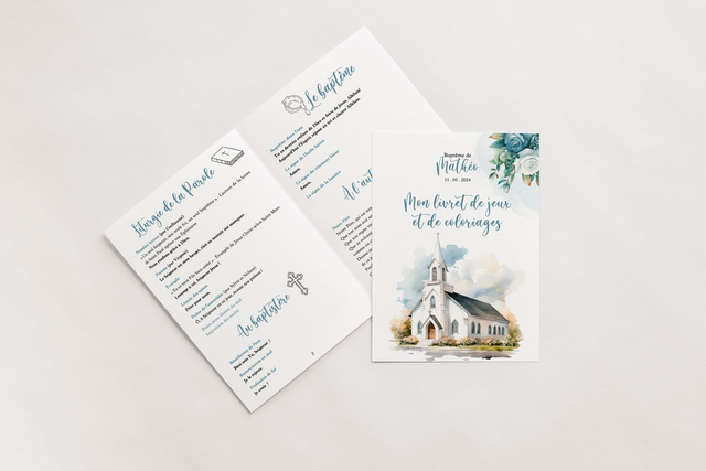 Livret de messe Baptême Fleurs & Blush bleu