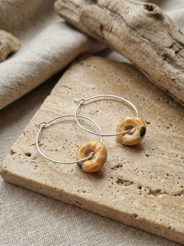 Orange Flower Circle Loop Ceramic Earrings