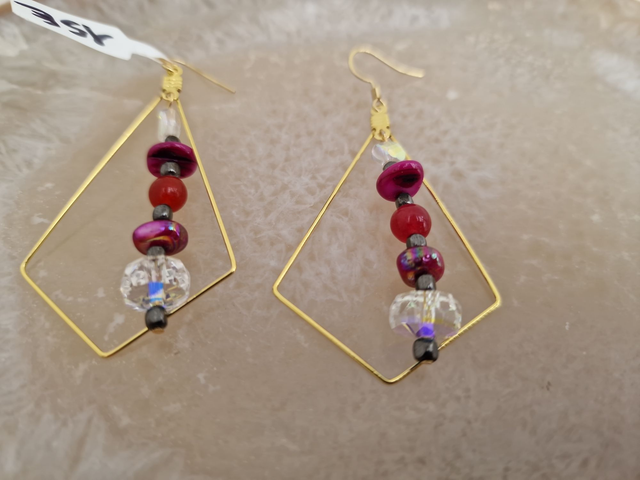 Boucles D'oreilles Acier Doré Perles Coquillage Hématite Cristal