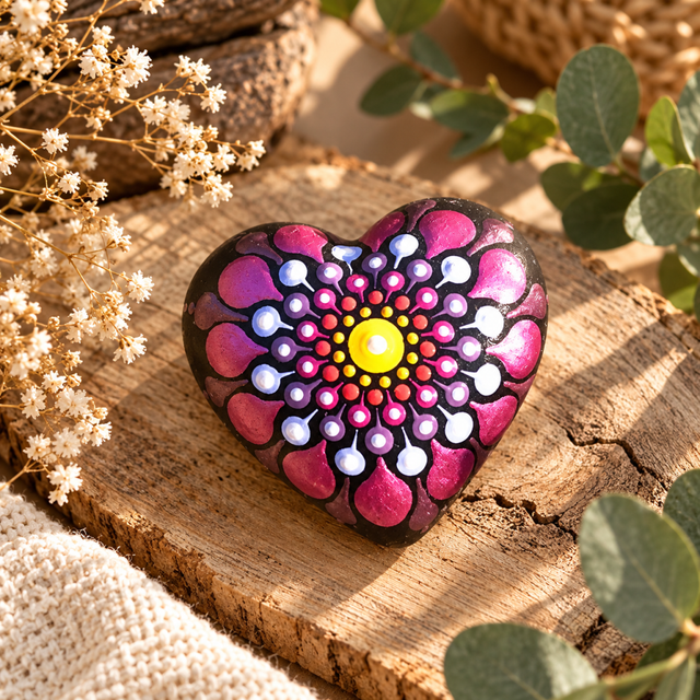 Petite pierre cœur mandala orange, bleu &amp; fuchsia métallisé – Peinte à la main