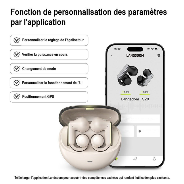 Langsdom TS28 Noir écouteurs Bluetooth sans fil ouverts avec clip d'oreille et contrôle via l'application.