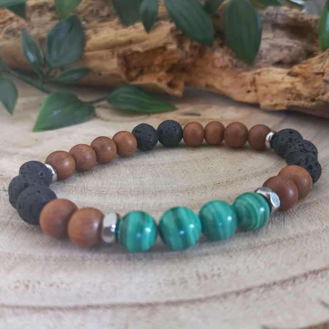 Bracelet en Malachite, Pierre de lave et Bois de Santal