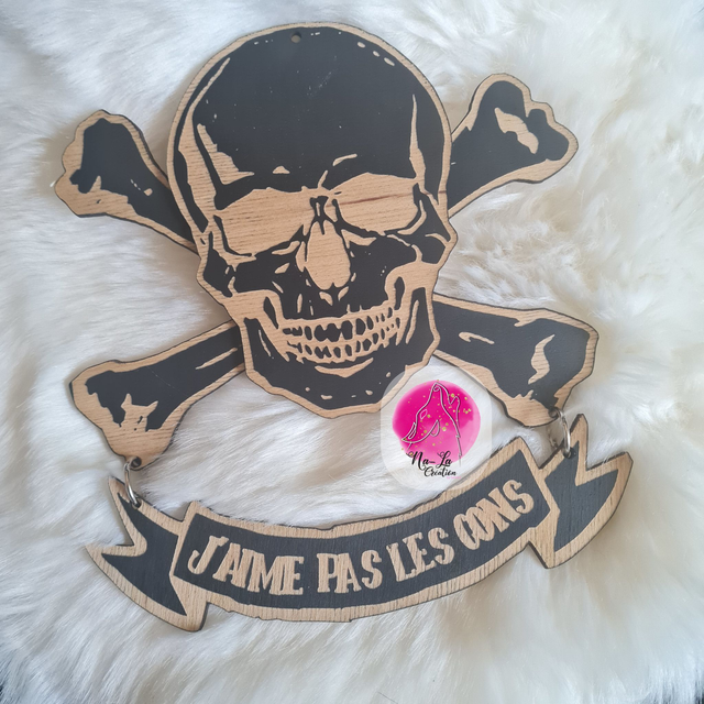 Décoration de porte ou de mur thème tête de mort "j'aime pas les cons"  -  Ajoutez une touche d'humour noir à votre intérieur !