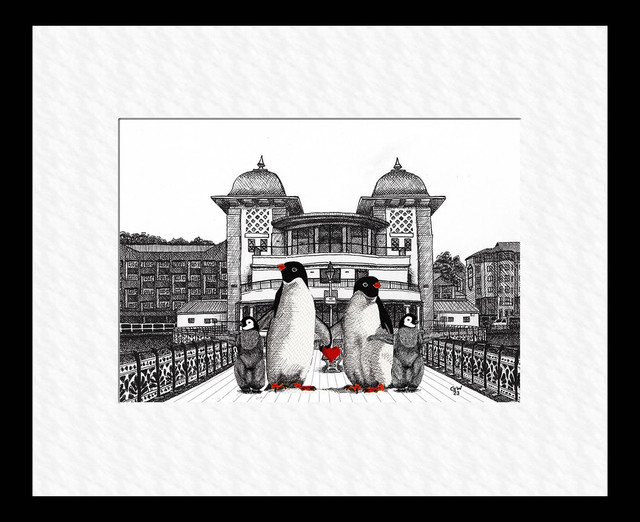 Pier Cafe, Adelies with 2 babies and heart - 10" x 8"