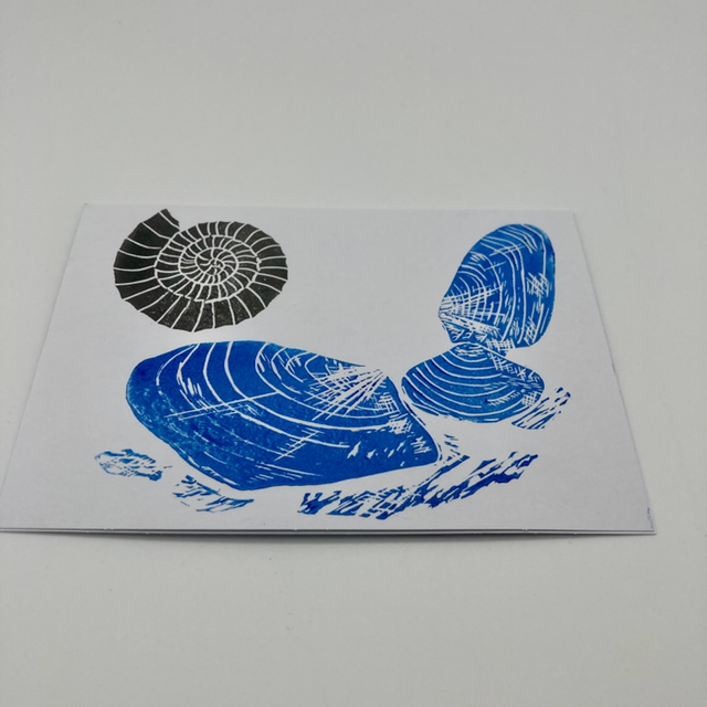 Handprinted Mussels and Ammonite Card - 17.5 x 12.5 cm