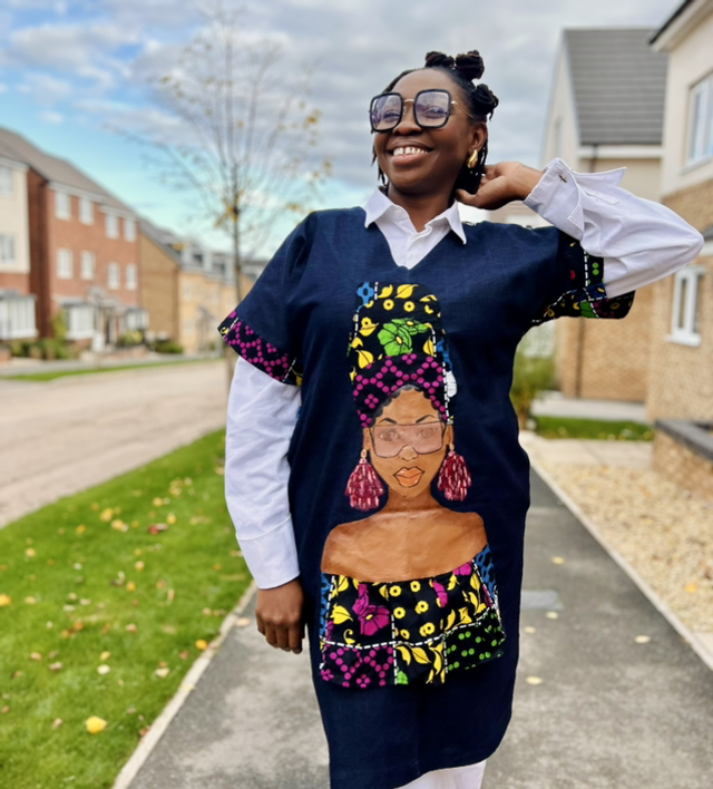 Hand-Painted Ankara & Denim Tunic Dress