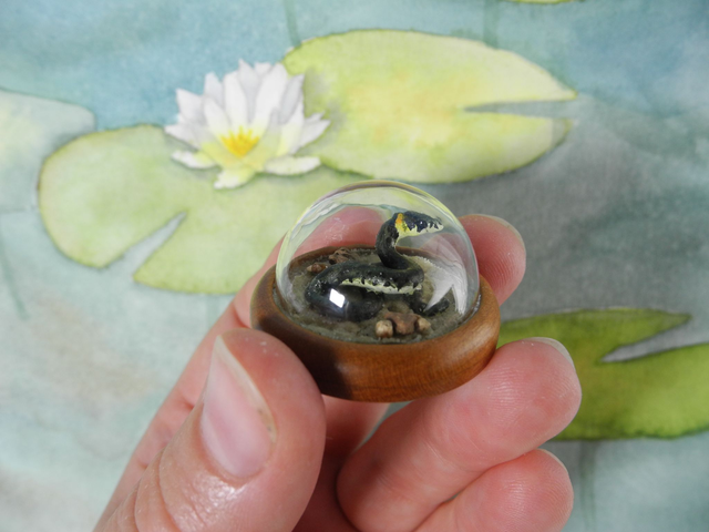 slithering through the sand - Among the lilypads  - Miniature diorama Jewelry - Clear glass dome with delicate handmade grass snake on sandlace (1)