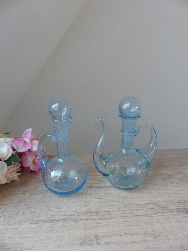 Ensemble Huilier et Vinaigrier en Verre Bullé Soufflé – Verrerie de Biot – Artisanat Français Signé – Bleu Aqua Vintage – Décoration Table
