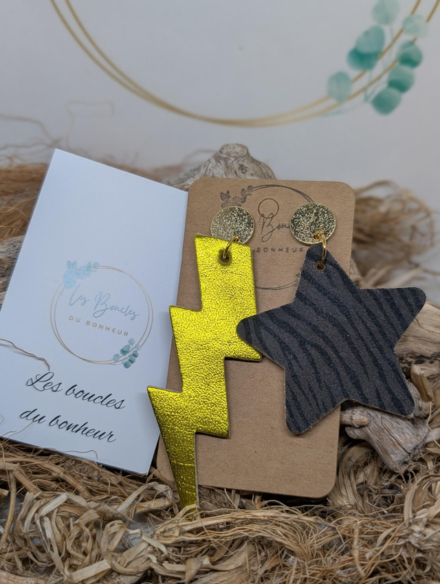 Boucles d&#039;oreilles Asymétrique jaune irisé zèbre gris ag168