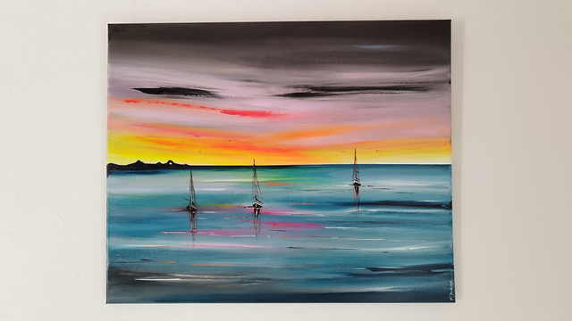 tableau Moderne abstrait - art contemporain - marine colorée bateaux voiliers