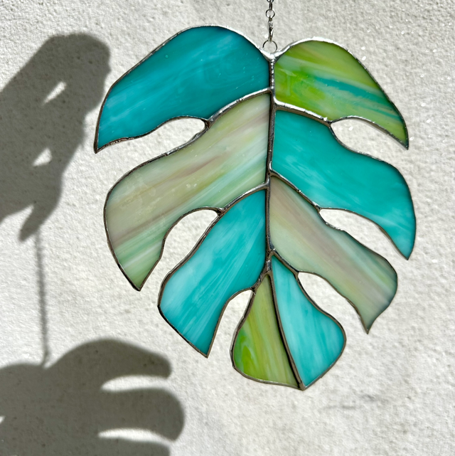 Feuille Monstera (bleue ciel et vert clair)
