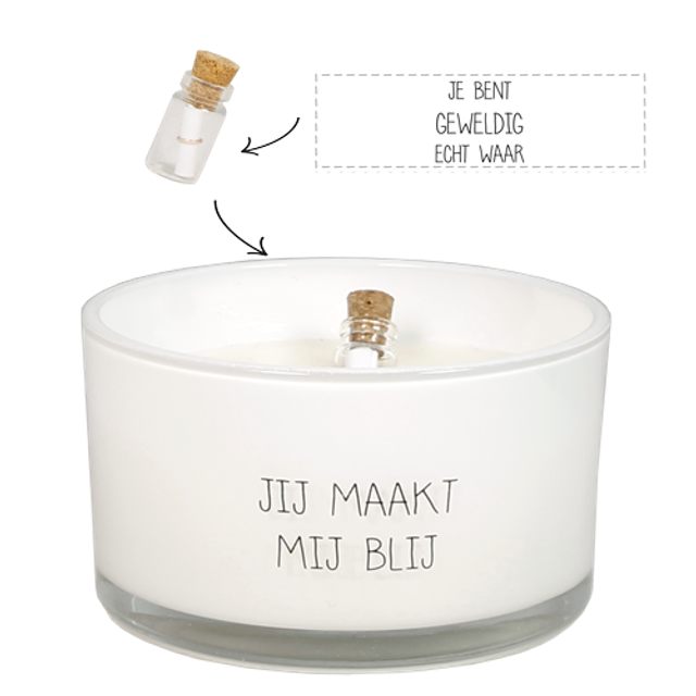 Geurkaars met flessenpost | Jij maakt mij blij