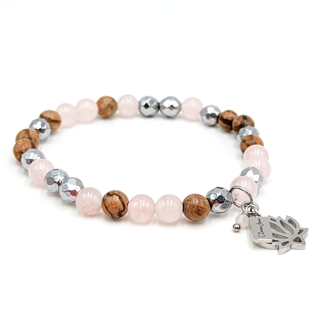 Bracelet Clara Joia Acier Argenté Quartz Rose Jaspe Paysage Fleur de Lotus