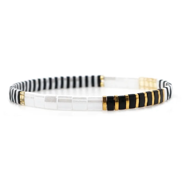 Tile Bead Stretch Bracelet - Black, Gold & White