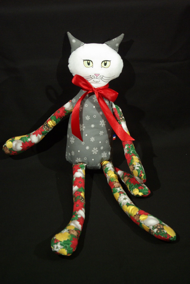 812-Doudou chat Noël coloris gris à flocons Htr 62 cm