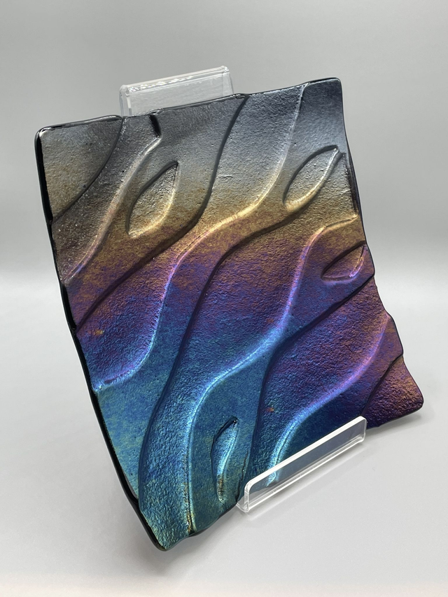 Kiln Carved  Iridescent Platter on Royal Purple Transparent Glass