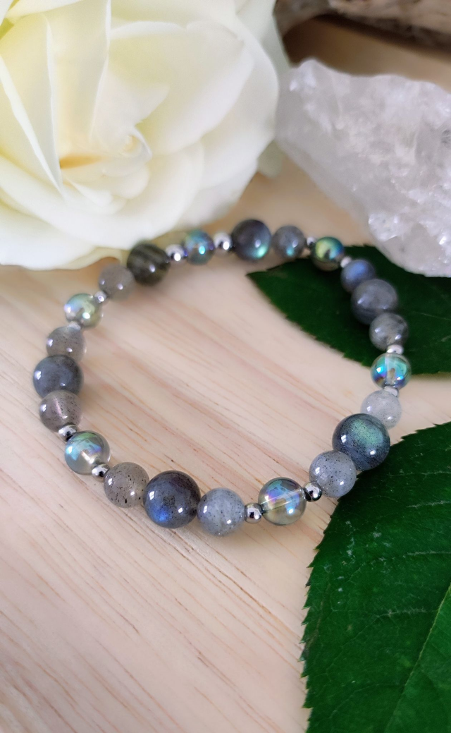 Bracelet "Protection, équilibre corps et esprit" Labradorite et Quartz Aura