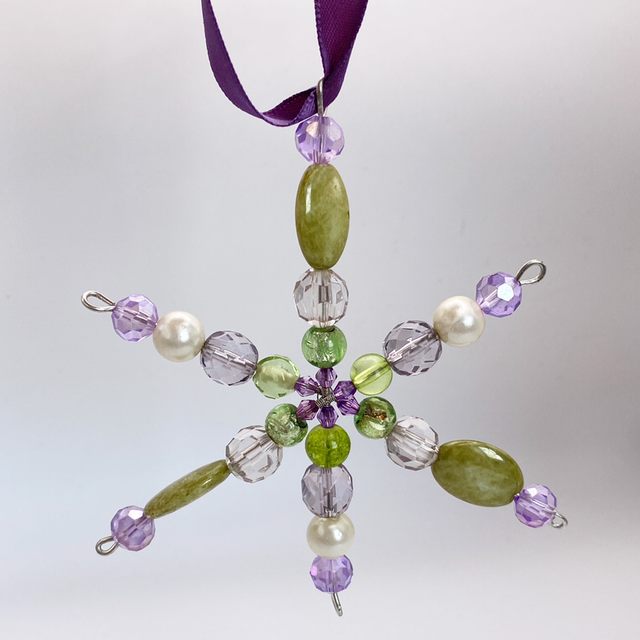 Purple and Green Snowflake Star with Vintage Beads Christmas Hanging Decoration