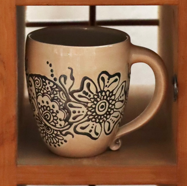 Large Stoneware Mug with Henna Mandala Patterns, handmade ceramics, colorful art mug in beige colors