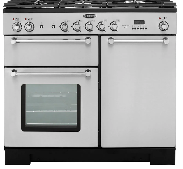 Rangemaster Available Rangemaster Kitchener KCH100DFFSS/C 100cm wide Dual Fuel Range Cooker with Gas Hob - Stainless Steel / Chrome - A/A Rated