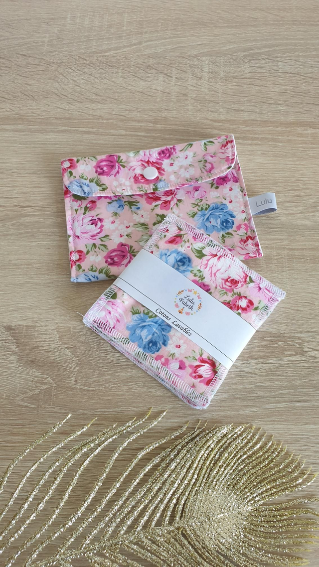 Pochette imperméable + 4 cotons démaquillants rose bleu