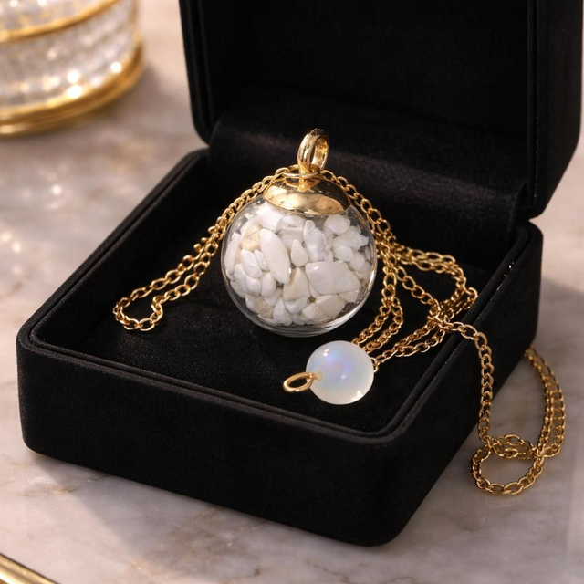 "Howlite" - Pendule bulle de verre dorée - P-15