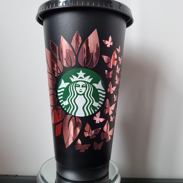 Chrome Sunflower Butterfly Black Large Personalised Cold Cup Tumbler Starbucks Style