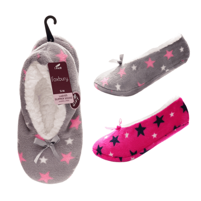 Foxbury Ladies Sherpa Lined Slipper Socks With Gripper Sole - Assorted Colours