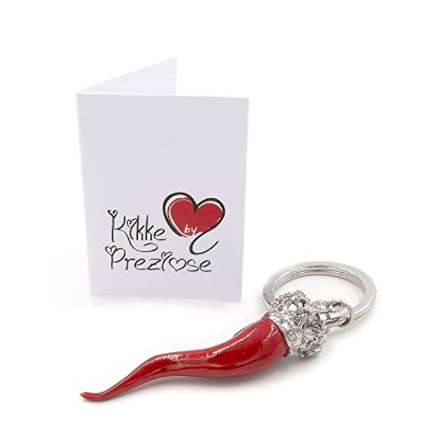 Portachiavi Amuleto Scaramantico Corno Rosso con Corona - Pendente in Acciaio e Lega di Bronzo Placcato Argento 925, Regalo per Uomo e Donna