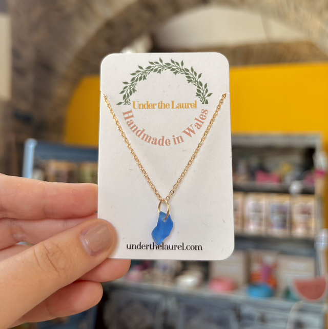 Cornflower Blue Sea Glass Necklace Dainty Gold Plated Chain