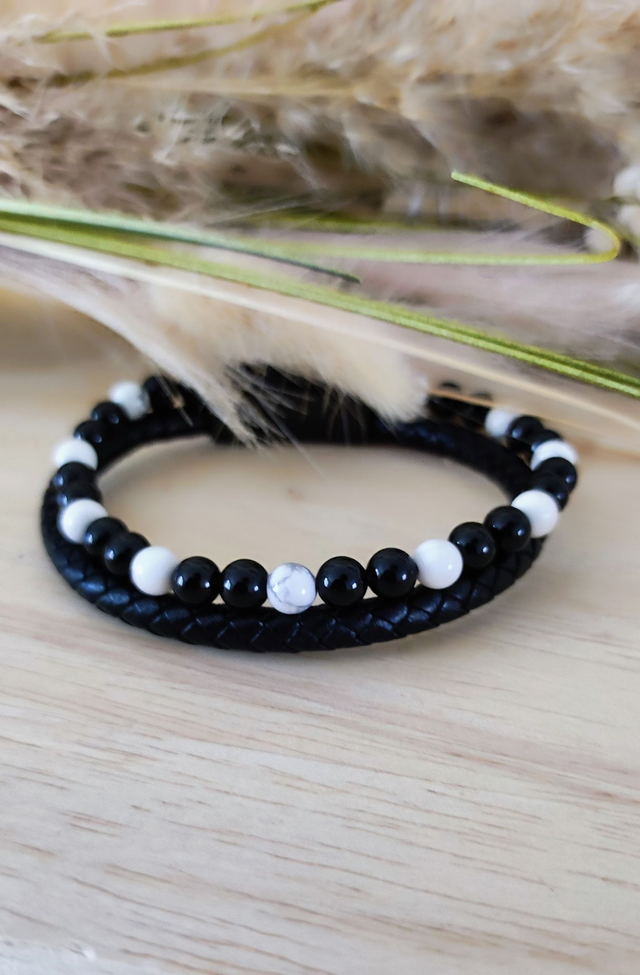 Bracelet Cuir noir "Protection et Apaisement" Onyx et Howlite