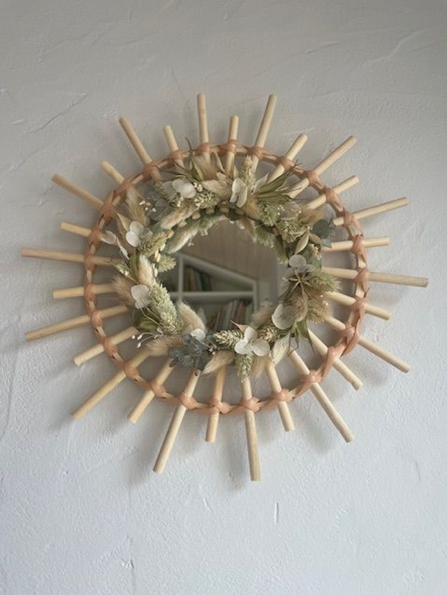 Miroir Soleil Bohème en Bois et Fleurs Séchées
