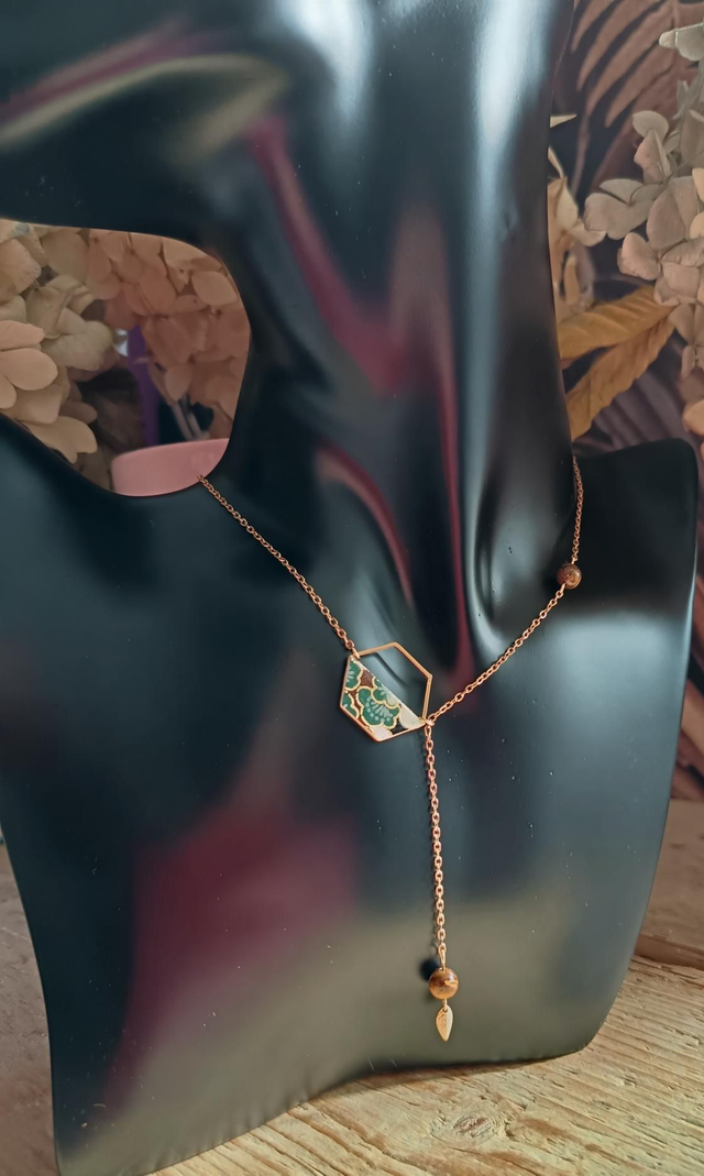 Collier - papier washi - fleurs de prunier - perles - œil de tigre - La&Titia 