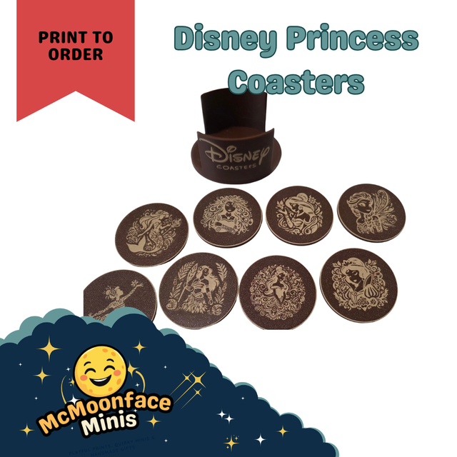 Disney Princess Coasters &amp; Matching Caddy Set | Intricate 3D Printed Drink Coasters
