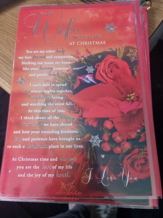 Wife Christmas Card 9"x6" Nice long Verse Special Message Words Roses