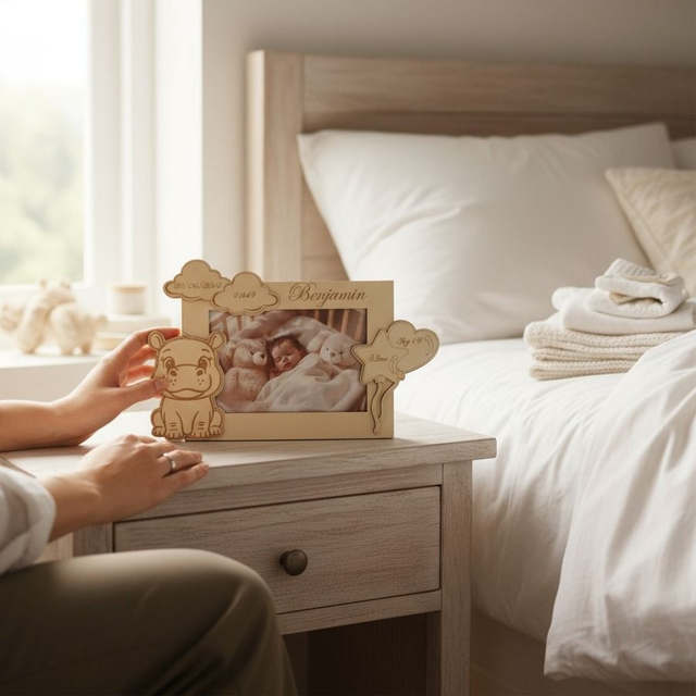 Cadre photo personnalisé en bois gravé – décor animal gravé pour enfant
