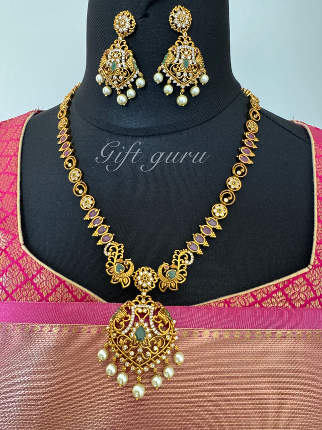Kundan Ruby Stones &amp; Green Medium Length Haram with Pearl Hangings – Matching Earrings