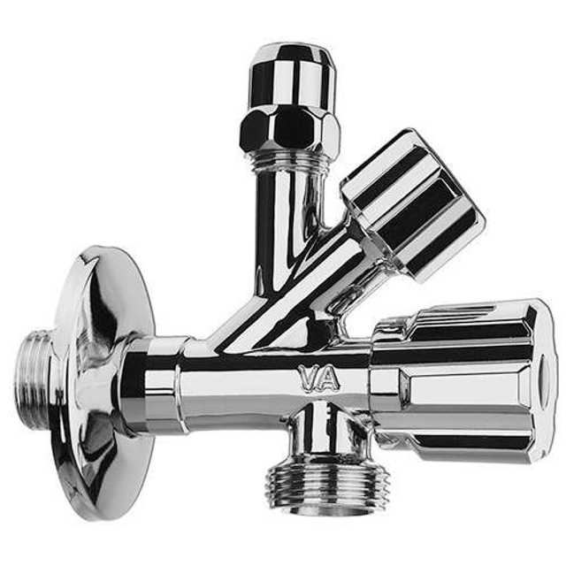 Raminex combi-tapkraan 1/2&quot; x 3/4&quot; x 3/8&quot;, lang model moer 10 mm knel, met keerklep, glansverchroomd, met rozet