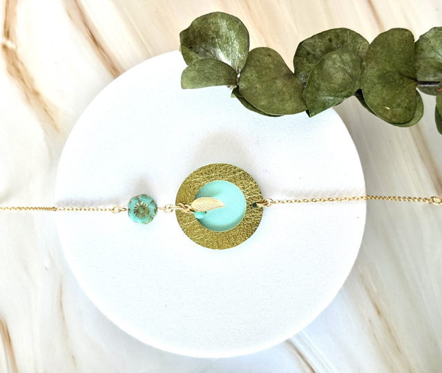 Bracelet INDISPENSABLE Doré à l’Or Cuir Aquatic Matcha Metallic